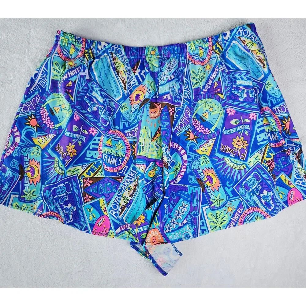Vintage Lands End Travel Shorts Loose Fitting Blue Destination print Size XL